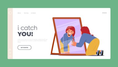 Child Look in Mirror Landing Page Template. Little Girl Scrutinize Examining her Reflection Located In Front Mirror Standing on Floor, Revealing Feelings Of Self-awareness. Cartoon Vector Illustration