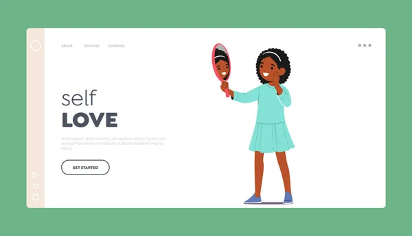 Self Love Landing Page Template Little Black Girl Staring Mirror — Stockový vektor