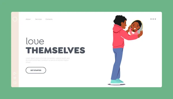 Love Themselves Landing Page Template Little Boy Peering Mirror Studying — Stockový vektor