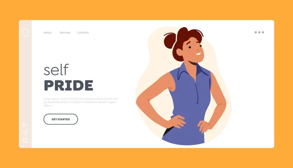Self Pride Landing Page Template Self Assured Female Character Epitome — Vector de stoc
