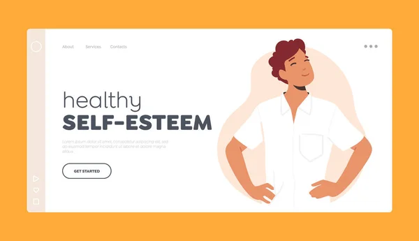Healthy Self Esteem Landing Page Template Man Arms Akimbo Standing — Vetor de Stock