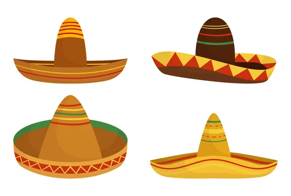 Set Classic Traditional Sombrero Hats Isolated White Background Elements Mexican — стоковий вектор