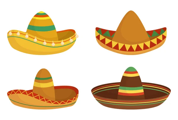 Set Bold Vibrant Sombrero Hats Isolated White Background Icons Mexican — Wektor stockowy