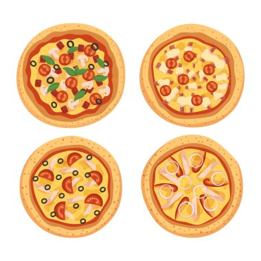 Set Of Mouth-watering Pizza Circles With Melted Cheese, Spicy Pepperoni, And Fresh Veggies Isolated On A White Background. Elements for Restaurant Menu, Food Promotions. Cartoon Vector Illustration