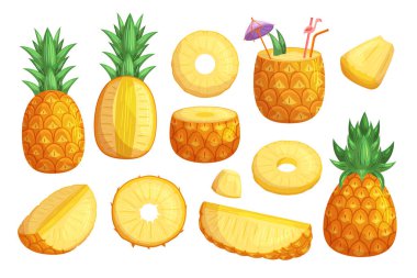 Set of Pineapples Isolated On White Background, Fresh Juicy Tropical Fruit With Green Leaves, Ripe Whole and Cut Healthy Food And Drink Ingredient, Exotic And Sweet Flavor. Cartoon Vector Illustration