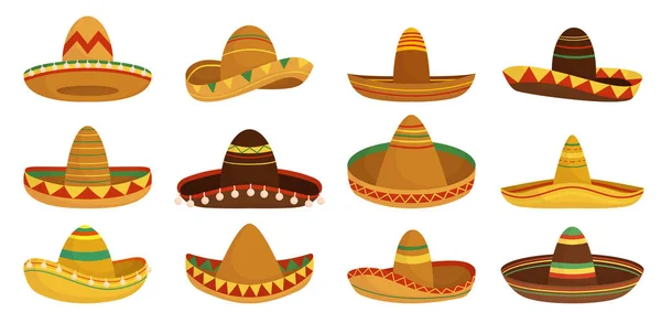 Set Isolated Sombrero Traditional Mexican Hats Wide Brim Brightly Colored — Wektor stockowy