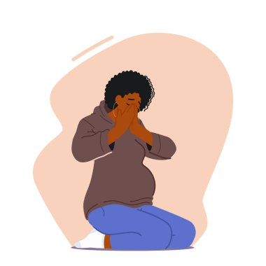 Pregnant Woman Crying Sitting on Floor. Sad Female Character in Vulnerable State Shedding Tears. Emotional Experience Of Pregnancy, Joy or Fear Of Expecting A Baby. Cartoon People Vector Illustration