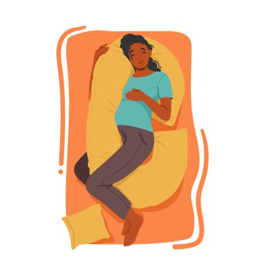 Comfortable And Peaceful Sleeping Pregnant Female Character Resting With Specialized Cushion To Support Her Bump, Reduce Discomfort And Promote Healthy Rest. Cartoon People Vector Illustration