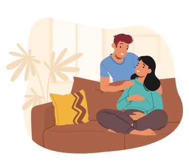 Maternity, Parenting Concept. Happy Couple of Husband and Wife Prepare Become Parents. Man Embracing Pregnant Woman with Big Belly Sitting on Couch. Young Family Wait Baby. Cartoon Vector Illustration