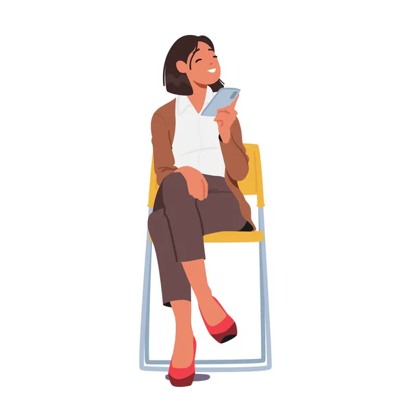 Personaje Femenino Sentado Silla Con Smartphone Manos Aisladas Sobre Fondo — Vector de stock