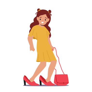 Sweet And Endearing Little Girl, Joyfully Trying On Her Mother Shoes Standing On Tiptoes. Heartwarming Moment For Family Content, Parenting Or Lifestyle Themes. Cartoon People Vector Illustration