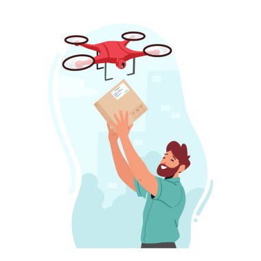 Online Shopping Or E-commerce Business, Convenience And Speed Of Drone Delivery Services Concept with Man Receive Parcel With Drone Hovering Above The Recipient. Cartoon People Vector Illustration