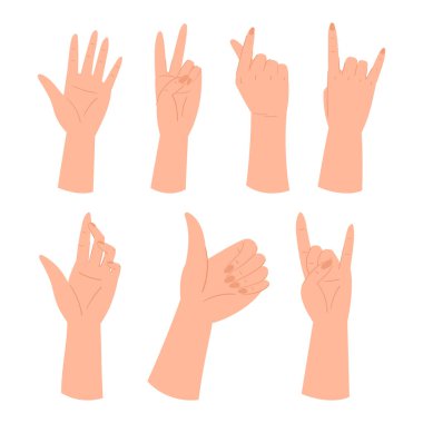 Set Of Hand Different Gestures, Open Palm, Victory, Finger Heart Symbol, Thumb Up or Rock. Female Arms Signaling, Convey Message Of Greeting, Instruction Or Love. Cartoon People Vector Illustration