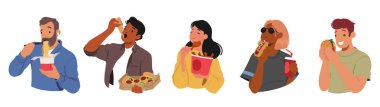 Set of Male and Female Characters Unhealthy Eating Habits. Men and Women Indulging In Fast Food, Burger, Fries, Noodles, Nuggets and Hot Dog with Soda. Cartoon People Vector Illustration
