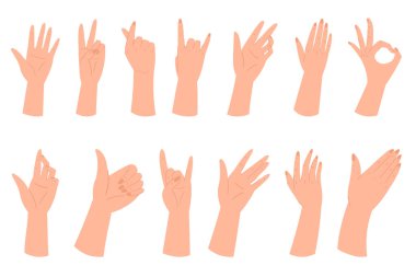 Set Of Hands Making Different Gestures, Signaling Something To The Viewer, Convey Message Of Greeting, Instruction Or Warning. Waving, Ok, Thumb Up or Victory Signs. Cartoon People Vector Illustration