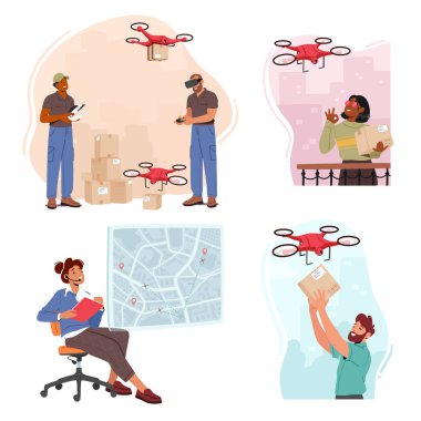 Set Drones Delivery Service, Technology of Air Transportation Goods To Customers. Fast, Efficient, And Cost-effective Alternative Revolutionizing Delivery Method. Cartoon People Vector Illustration