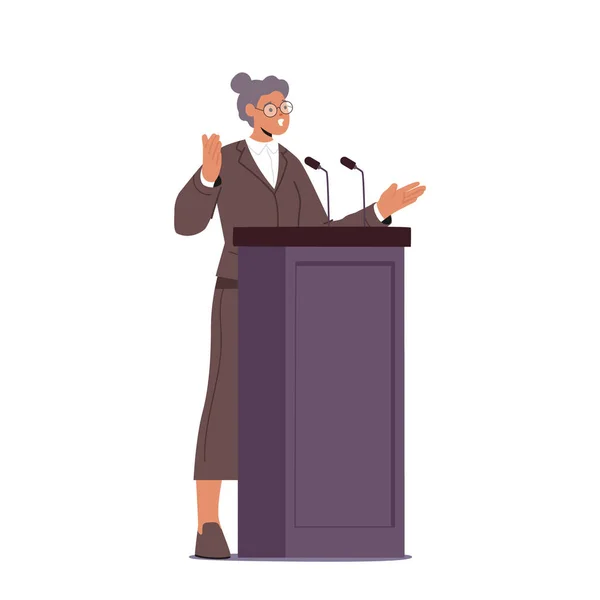 Female Character Giving Speech Tribune Addressing Large Audience Passion Conviction — Stok Vektör