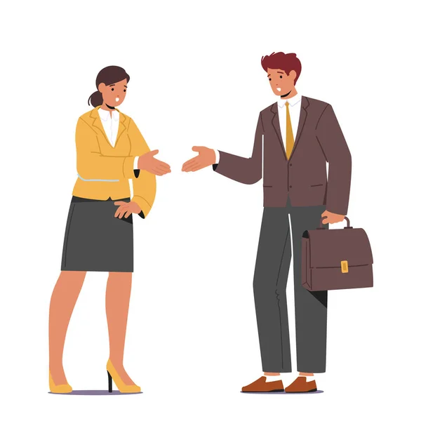 Man Woman Characters Shaking Hands Engaging Conversation Chatting Colleagues Building — Stockvector