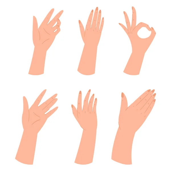 Set Hands Making Different Gestures Arm Showing Sign Open Palm —  Vetores de Stock