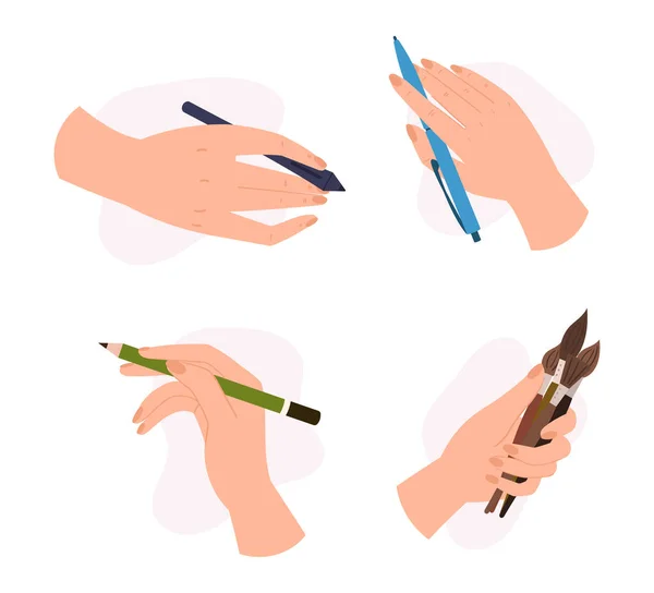 用石墨笔尖 画笔和笔尖的人类手握铅笔 写作的概念 回到学校 艺术家或学生的职业 与白人背景隔离 卡通矢量图解 — 图库矢量图片
