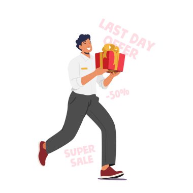 Persistent Promoter Male Character Run with Gift Box Eagerly Entices Customers With Promises Of Bonuses And Presents. Intensity Of Salesmanship Aggressive Marketing. Cartoon People Vector Illustration