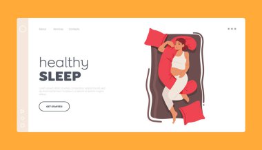 Healthy Sleep Landing Page Template. Pregnant Woman Sleeping With Maternity Pillow Support For Optimal Sleep Top View. Mom-to-be Female Character Sleep with Cushion. Cartoon People Vector Illustration