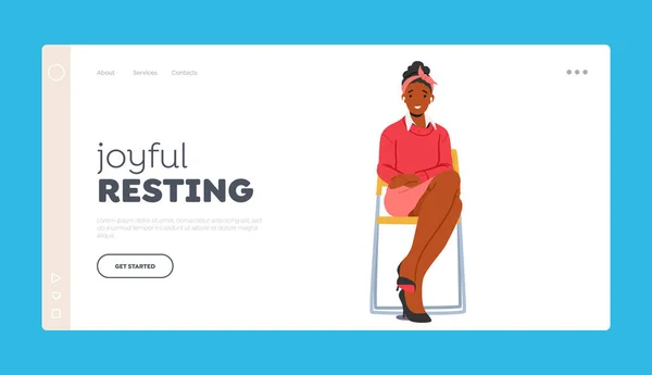 Joyful Resting Landing Page Template Young Female Character Sitting Chair — Image vectorielle