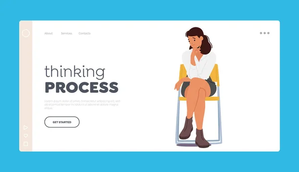 Thinking Process Landing Page Template Young Girl Character Sitting Chair — Image vectorielle