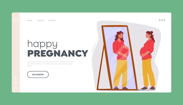 Happy Pregnancy Landing Page Template Těhotná Žena Rukama Břiše Dívá — Stockový vektor