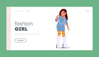 Fashion Girl, Childhood Landing Page Template. Little Girl Trying On Her Mother Boots on High Heels, Struggling To Walk In Them As She Playfully Imitates Her Mom. Cartoon People Vector Illustration