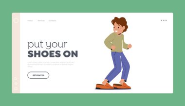 Little Boy Trying on Father Shoes Landing Page Template. Concept of Child Curiosity And Desire To Emulate Parent. Children Fashion, Parenting, Family Bonding Theme. Cartoon People Vector Illustration