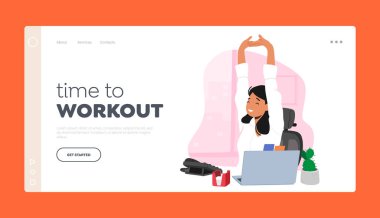 Fitness, Aktif Yaşam Tarzı, Sağlık ve Sağlık İniş Sayfası Şablonu. Ofiste Antrenman Yapan Kadın Karakteri. İş yeri masasında kollarını uzatan kadın. Çizgi film İnsanları Vektör İllüstrasyonu