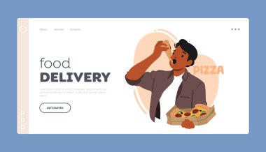 Food Delivery Landing Page Template. Man Enjoying Delicious Slice Of Pizza, With Melted Cheese And Savory Topping. Male Character Ordered Pizza in Online Restaurant. Cartoon People Vector Illustration