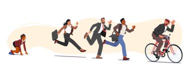 Business People Characters Running Fast Trying to Follow Successful Businessman Riding on Bicycle. Race for Leadership, Competition, Colleagues Chase Successful Leader. Cartoon Vector Illustration