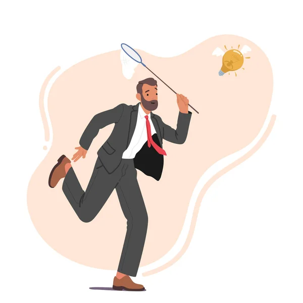 Businessman Character Chasing Flying Light Bulb Trying Catch Butterfly Net — Stock Vector