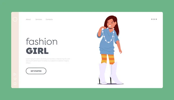 Fashion Girl Childhood Landing Page Template Little Girl Trying Her — Vettoriale Stock