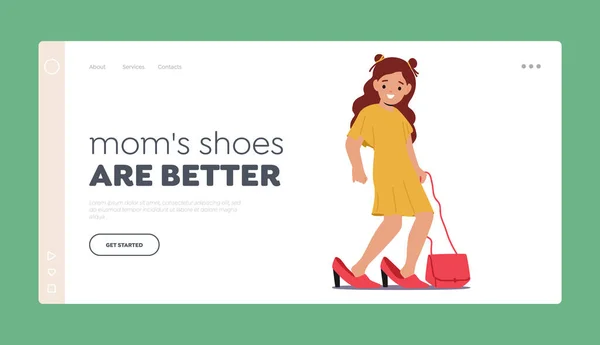 Child Trying Moms Shoes Landing Page Template Little Girl Joyfully — Stock vektor