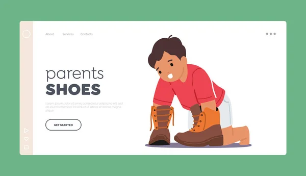 Föräldrarnas Skor Landning Page Mall Liten Pojke Försöker Sina Fäder — Stock vektor
