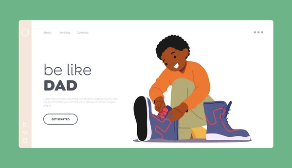 Dad Landing Page Template Little African American Boy Attempting Fit — Stockvector