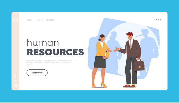 Human Resources Landing Page Template. Smiling Liar Man with Long Nose Shade Stretching Hand to Female Character. Dishonest Hypocrite Person Telling Lie or Cheating. Cartoon People Vector Illustration