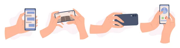 Set Hands Holding Mobile Phones People Handling Cellphones Isolated White — Stock vektor