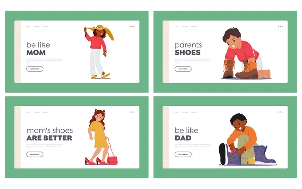 Children Trying Parents Shoes Landing Page Template Set Little Girls — Stock vektor