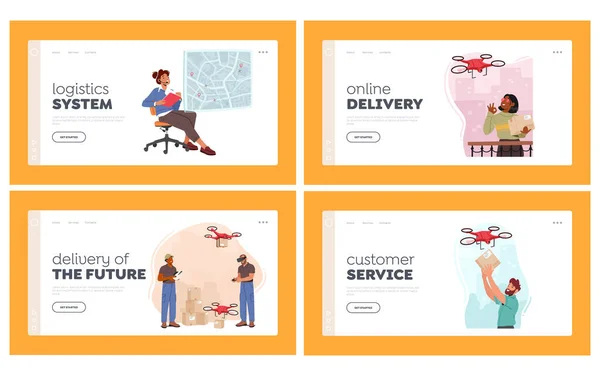 Drones Delivery Service Landing Page Template Set Technology Air Transportation — 图库矢量图片
