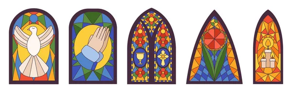 Set Gothic Colorful Stained Glass Windows Old Style Arches Colorful — стоковый вектор