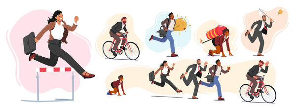 Set of Business People Characters Take Part in Running Competition. Businessman Holding Glowing Light Bulb, Riding Bicycle, Woman with Jet Pack. Fight for Leadership. Cartoon Vector Illustration
