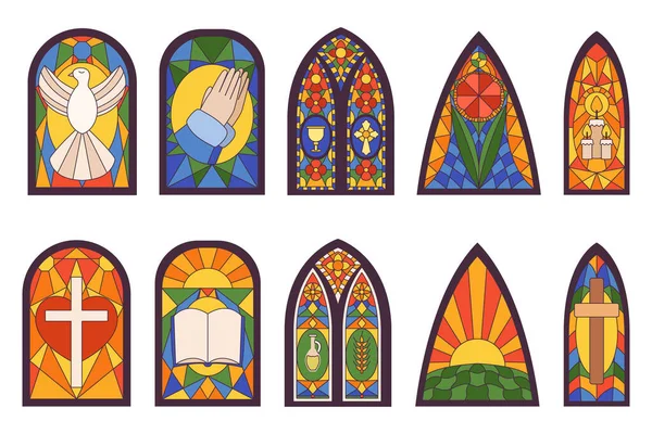 Ensemble Icônes Isolées Fenêtres Voûtées Tachées Église Cathédrale Mosaïque Lunettes — Image vectorielle