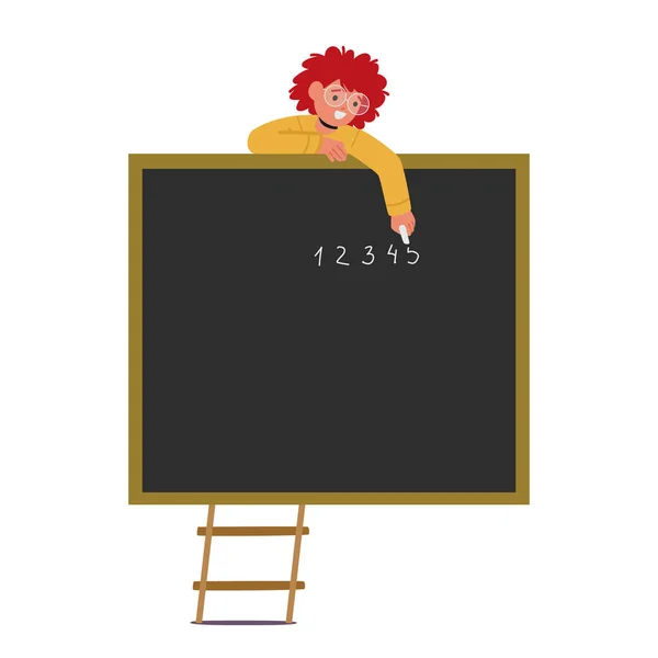 Chalk学習 創造性 教育の概念を使用してBlackboardに書き込む子 白い背景に隔離された黒板に数字のチャーキー表示を作成します 漫画ベクターイラスト — ストックベクタ