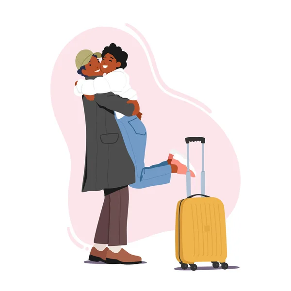 Mujer Abrazando Hombre Con Maleta Cumplir Amante Aeropuerto Pareja Feliz — Vector de stock
