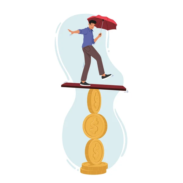 Επιχειρηματική Έννοια Της Οικονομικής Αστάθειας Άνθρωπος Umbrella Ισορροπία Στο Νόμισμα — Διανυσματικό Αρχείο