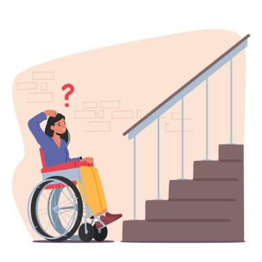 Tekerlekli sandalyedeki kadın karakter verandaya Ramp olmadan girmeye çalışıyor. Erişilebilirlik ve Ayrıcalık Konsepti Engellilik Hakları, Sosyal Adalet veya Savunma Kampanyaları. Çizgi film Vektör İllüstrasyonu